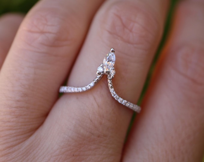 Dainty Contour Colorless Stone Wedding Band- Alternative Diamond Stacker Clear Band- Nesting Crown V Chevron Marquise Band-