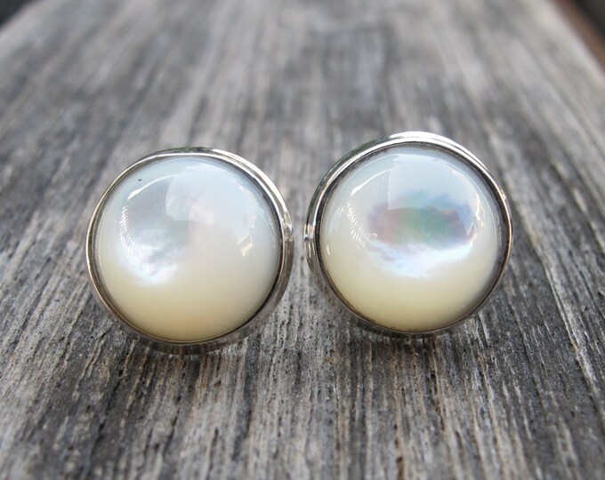 White Shell Pearl Stud Earring- Pearl Bridal Real Pearl Natural Round Stud- Genuine Shell Sterling Silver Earring June Gifts for her