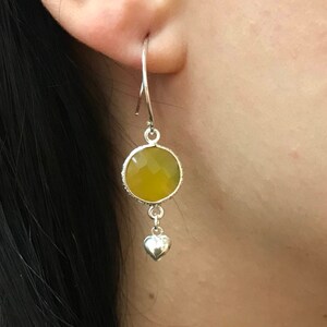 Yellow Drop Heart Earring- Yellow Silver Earring- Heart Dangle Earring- Unique Small Earring- Everyday Accent Earring