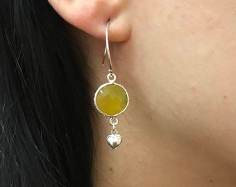 Yellow Drop Heart Earring- Yellow Silver Earring- Heart Dangle Earring- Unique Small Earring- Everyday Accent Earring