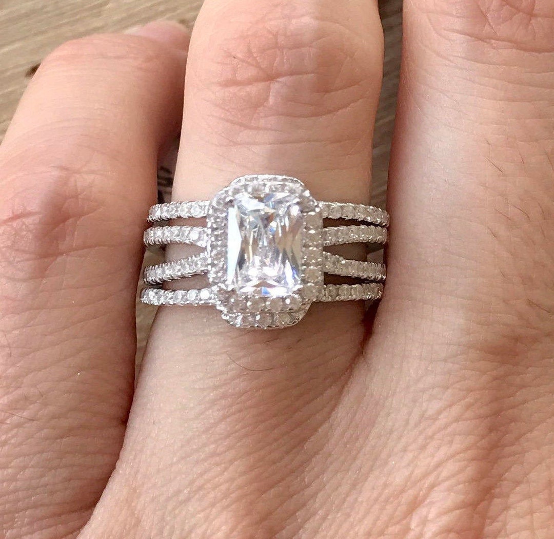 Emerald Cut Bridal Ring Set Rectangle Engagement Ring Set Alternative Split Engagement Ring