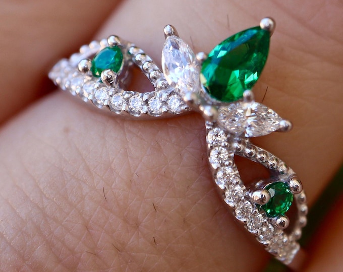 Green Emerald Milgrain Curve Wedding Band in Solid 10k 14k 18k Gold