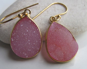 Teardrop Genuine Pink Druzy Earring- Pink Sparkly Statement Earring- Pink Quartz Bezel Earring-