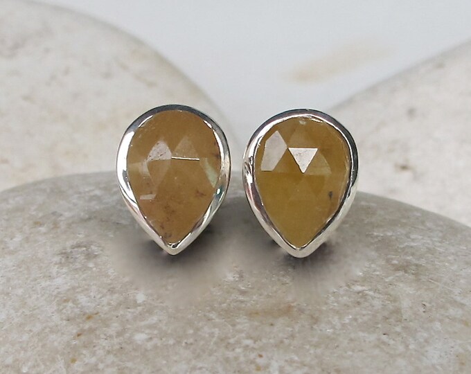 Yellow Sapphire Raw Stud Earring- Yellow Pear Shape Rough Stone Earring- September Birthstone Raw Earring- Simple Everyday Gemstone Earring