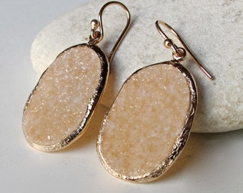 Druzy Earring Rose Gold- Raw Oval Beige Dangle Earring- Handmade Rough Drop Earring- Real Genuine Druzy Earring- Simple Minimal Boho Earring