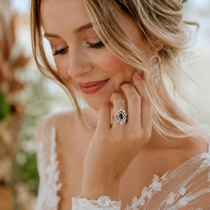 Teardrop Emerald Halo Bridal 3 Ring Set- Pear Dark Green Engagement Sterling Silver Ring- May Birthstone Ring w/2 Wedding Band