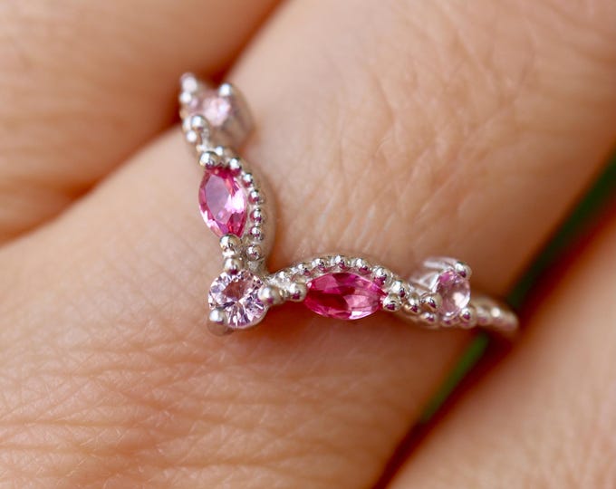 Pink Morganite Sapphire Deco 14k Gold Wedding Band- Antique Milgrain 10k Rose Gold Band- Enhancer Guard 18k White Gold Vintage Band