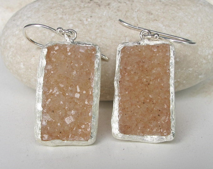 Beige Druzy Statement Earring- Rough Stone Dangle Earring- Rectangle Gemstone Boho Earring- Handmade Bold Earring- Raw Crystal Earring