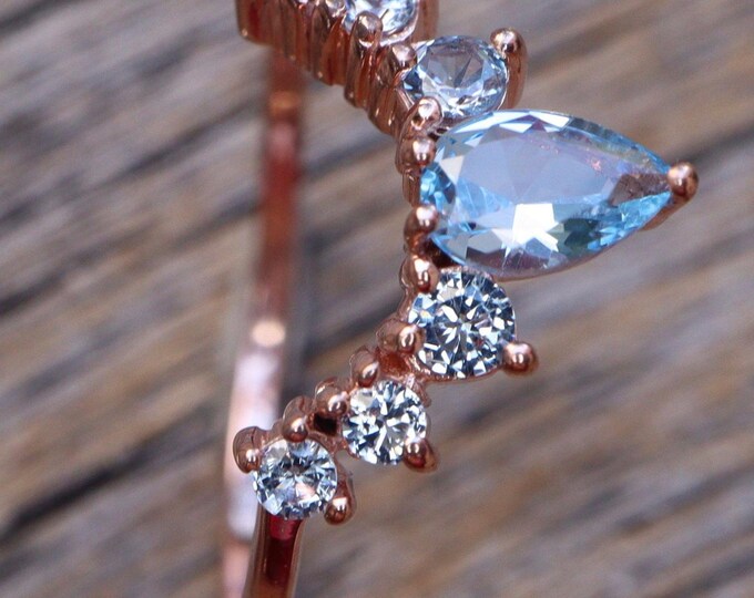 Blue Topaz Solid Real 14k Gold Wedding Band- Light Blue Stone Contour Rose White Gold Band- Blue Stack Chevron Half Circle Curve Band