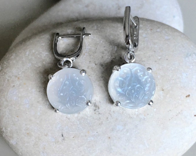 Round Moonstone Bridal Earring- Wedding Statement Silver Earring- June Birthstone Earring- White Moonstone Earring- Boho Chic Earrings