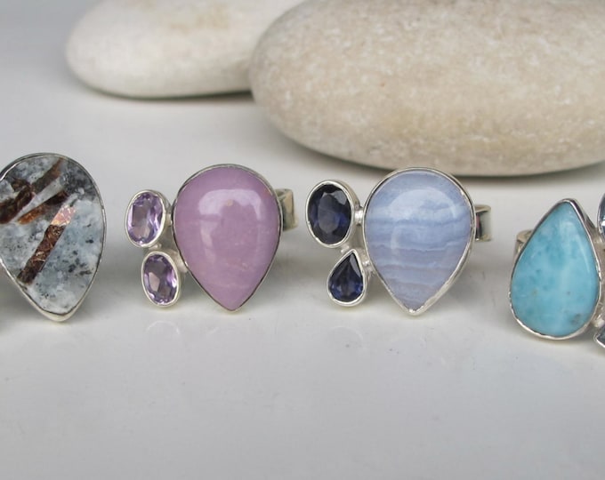 Unique Multistone Statement Ring- Aquamarine Turquoise Amethyst Ring- Double Colorful Gemstone Ring- Cluster Stone Solitaire Ring