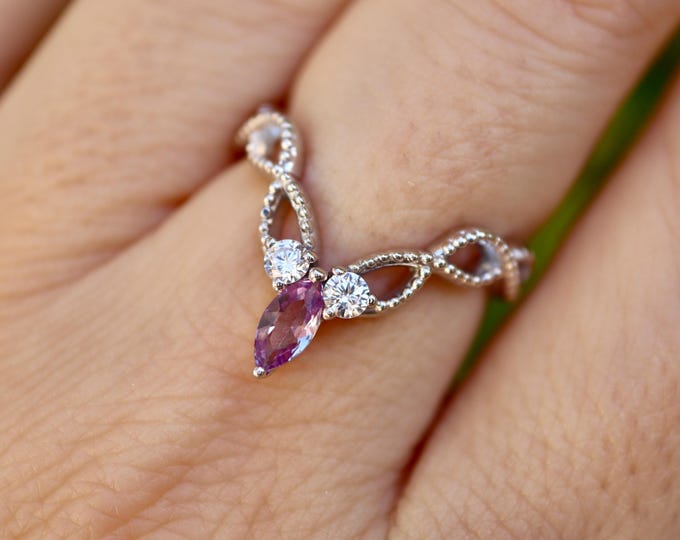 Marquise Purple Alexandrite Deep V Chevron Sterling Silver Celtic Knot Wedding Band