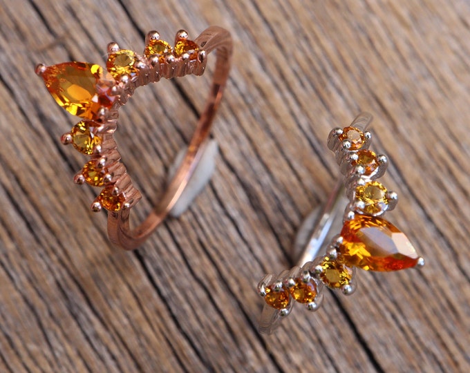 Citrine Curve Wedding Gold 10k 14k 18k Real Solid Gold Band- Dark Depp Vivid Yellow Rose Band- Orange V Chevron or Half Circle White Band
