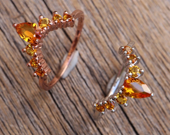 Citrine Curve Wedding 14k Gold Band- Yellow Stone Nesting 14k Rose Band- Orange Stone Layer Chevron Band- Half Circle 14k White Gold Band