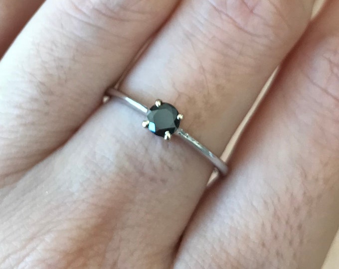 Tiny Black Diamond Stack Ring- Genuine Black Diamond Promise Minimalist Ring- Black Engagement Dainty Ring- Round Black Anniversary Ring