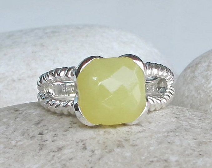 Square Yellow Statement Ring- Yellow Gemstone Solitaire Ring- Double Band Stone Ring- Unique Yellow Rope Ring- Sterling Silver Split Band