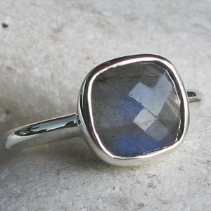 Sterling Silver Genuine Labradorite Ring Natural Iridescent Gemstone Stack Ring Faceted Bezel Ring 9mm-Square Shaped Stone Ring image 1