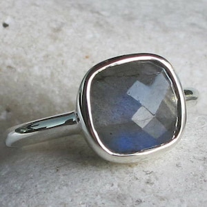 Sterling Silver Genuine Labradorite Ring- Natural Iridescent Gemstone Stack Ring- Faceted Bezel Ring- 9mm-Square Shaped Stone Ring