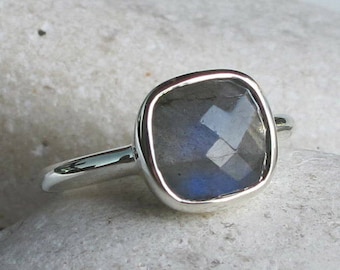 Sterling Silver Genuine Labradorite Ring- Natural Iridescent Gemstone Stack Ring- Faceted Bezel Ring- 9mm-Square Shaped Stone Ring