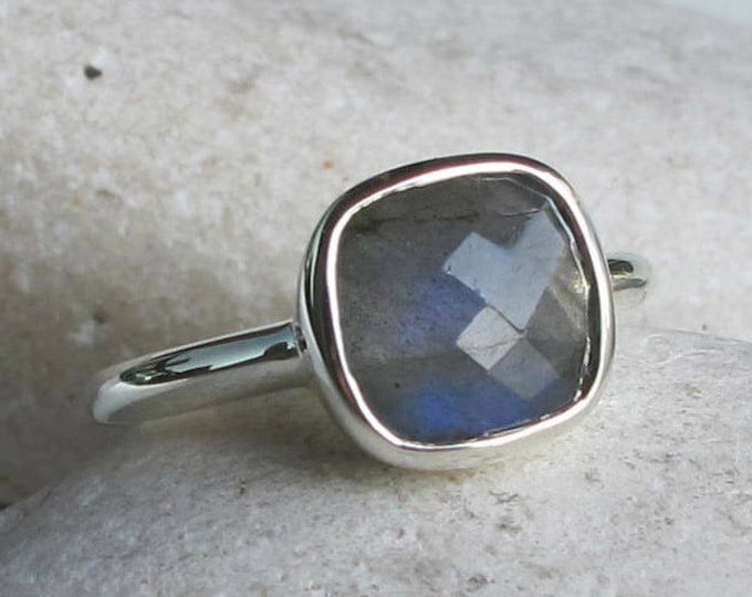 Sterling Silver Genuine Labradorite Ring- Natural Iridescent Gemstone Stack Ring- Faceted Bezel Ring- 9mm-Square Shaped Stone Ring