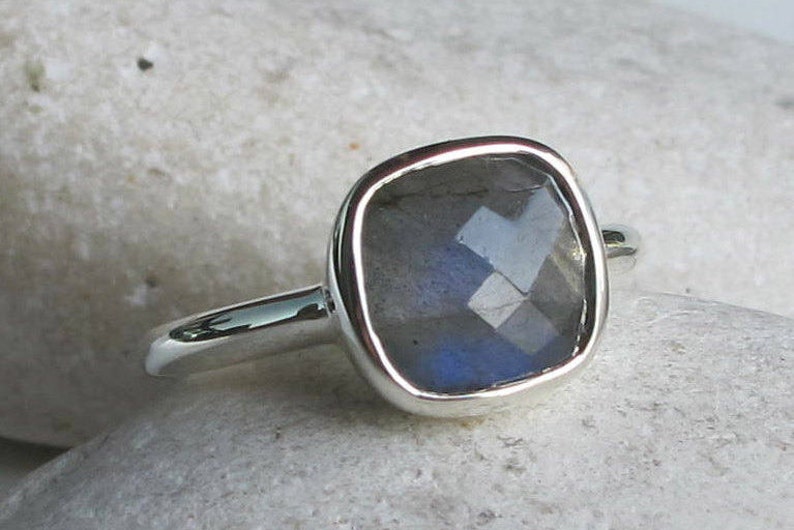 Sterling Silver Genuine Labradorite Ring Natural Iridescent Gemstone Stack Ring Faceted Bezel Ring 9mm-Square Shaped Stone Ring image 1