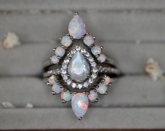 Pear Blue Moonstone with Rainbow Opal Halo Engagement 3 Ring Set in Solid 14k or 18k Rose Yellow Gold