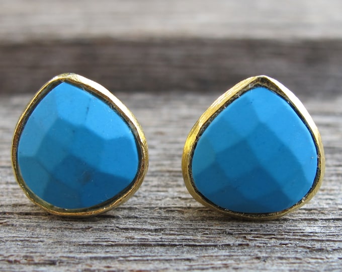 Blue Pear Turquoise Stud Bezel Earring- Teardrop December Birthstone Stud- Classic Rustic Earring- Simple Blue Stud- Bohemian Earring