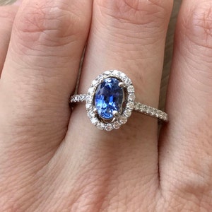 1.13ct Certified Cornflower Blue Sapphire Oval Engagement Ring- Genuine Natural Sapphire Diamond Halo White Gold Promise Ring