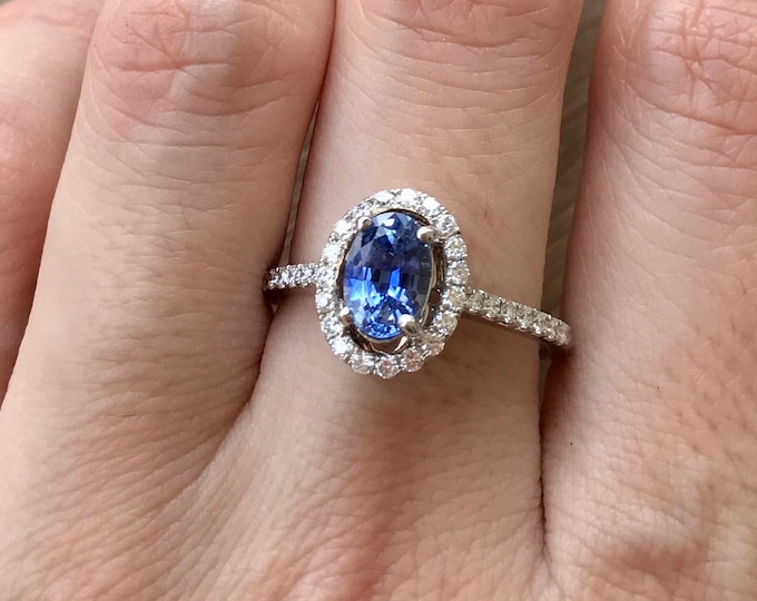 1.13ct Certified Cornflower Blue Sapphire Oval Engagement Ring- Genuine Natural Sapphire Diamond Halo White Gold Promise Ring