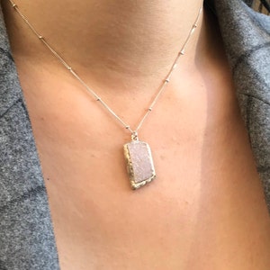 Druzy Pendant Asymmetrical Sterling Silver Necklace- Muted Pink Druzy OOAK Necklace- Rectangle Rough Raw Gemstone Necklace