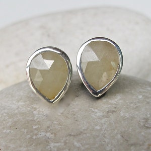 Green Sapphire Raw Earring- Light Green Raw Stone Stud Earring- Rough Stone Faceted Green Stud-Simple Natural Genuine Sapphire Bezel Earring