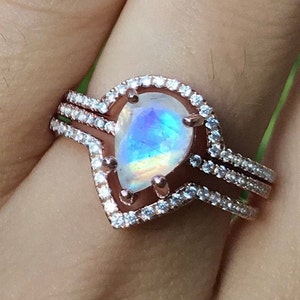 Teardrop Moonstone Engagement Ring Set- Halo Moonstone Bridal Ring Set- Pear Moonstone 3 Piece Ring Set- Bohemian Rainbow Ring
