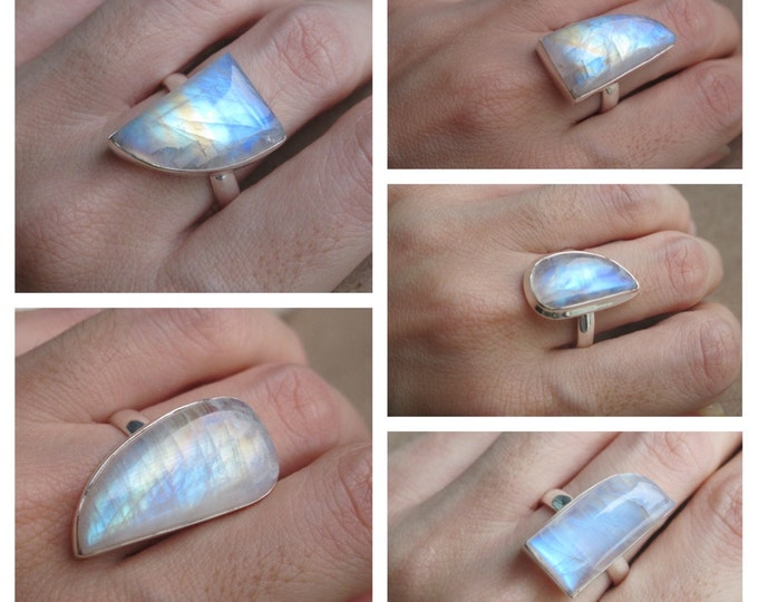 Unique Rainbow Moonstone Ring- Bohemian Moonstone Statement Ring- June Birthstone Ring- Boho Gypsy Gemstone Ring- Horn Iridescent Ring