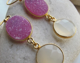 Pink Druzy Gemstone Dangle Earring- White Moonstone Pink Druzy Drop Statement Earring- Two Mix Stone Long Earring