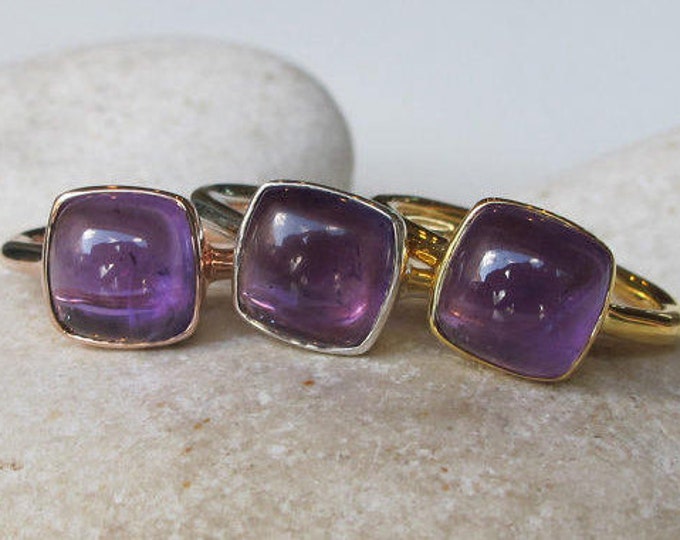 Natural Cab Amethyst Rose Gold Ring- Square Purple Amethyst Healing Ring- Purple Stone Silver Stack Ring- February Birthstone Ring All Sizes