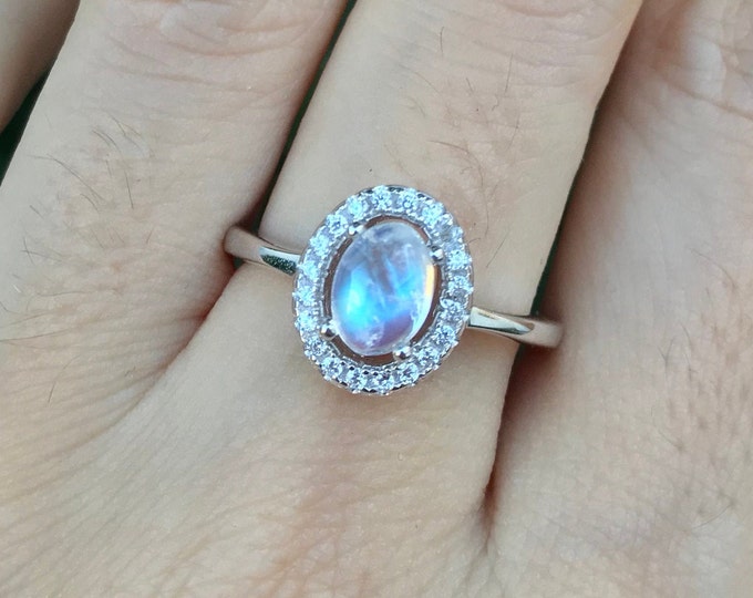 0.50ct Moonstone Halo Oval Engagement Ring- Rainbow Moonstone Promise Ring for Her- Cab Moonstone Solitaire Ring- June Birthstone Ring