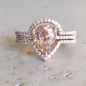 Echte Teardrop Morganit Verlobungsring Set - 1ct Birne Morganit Diamant Halo Ring-Morganit Rose Weißgold Braut Ehering w / 2 Bands