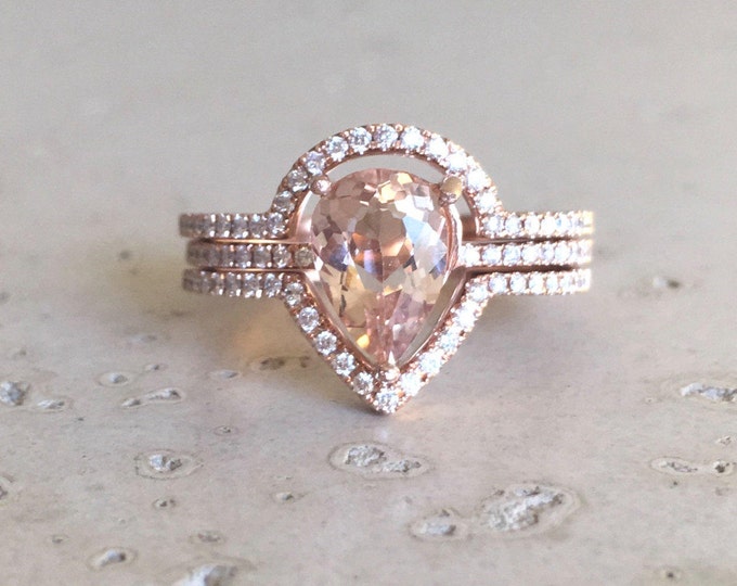 Genuine Teardrop Morganite Engagement Ring Set- 1ct Pear Morganite Diamond Halo Ring-Morganite Rose White Gold Bridal Wedding Ring w/2 Bands