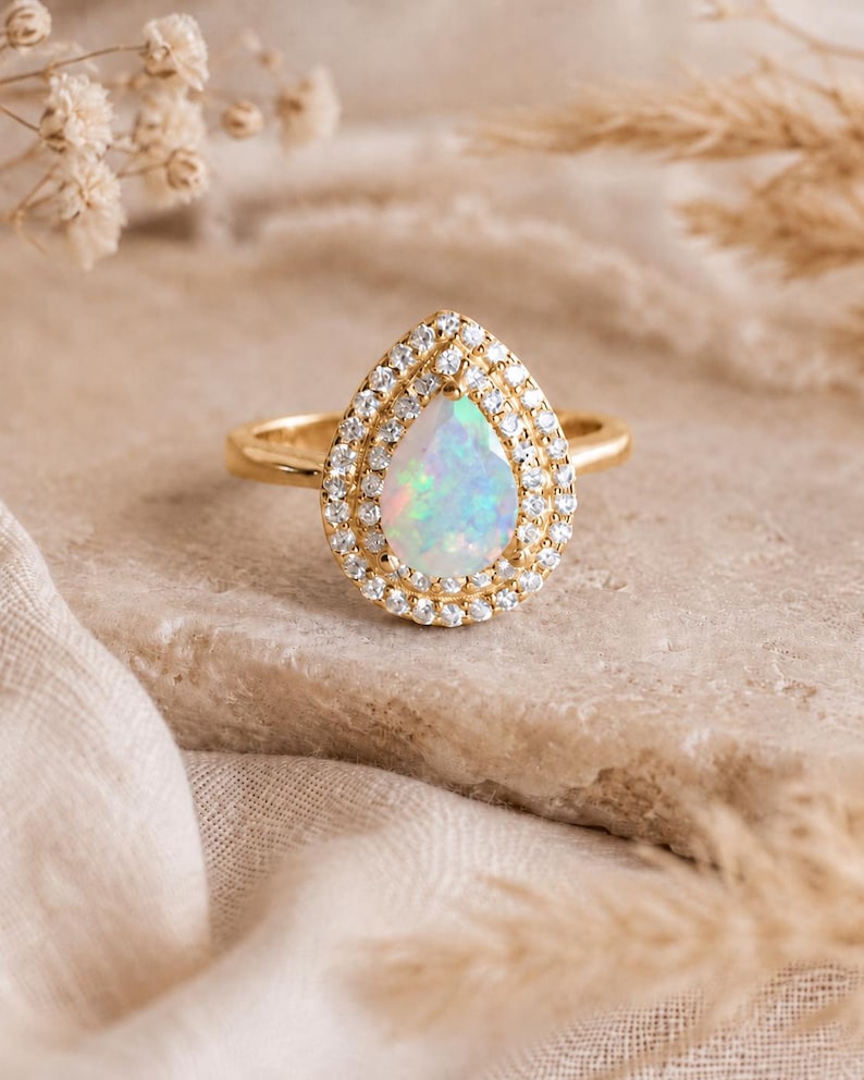 Teardrop Double Halo Genuine Opal Ring image 3