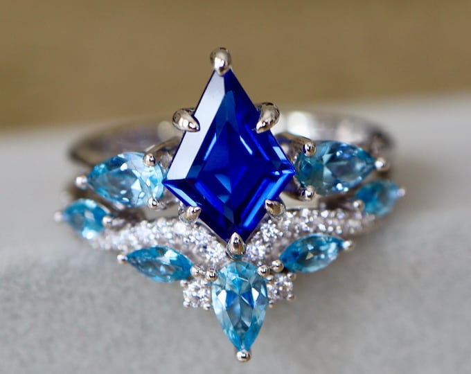 Kite Dark Blue Sapphire Engagement Sterling Silver 2 Ring Set- Marquise Light Blue Topaz Wedding 2 Rings- Wedding Promise Anniversary Rings