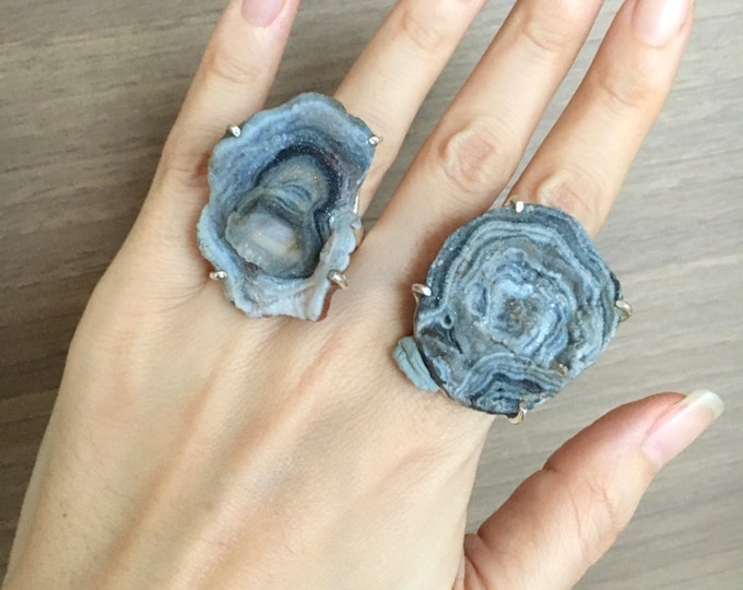 Geode Druzy Statement Ring- Raw Rock Silver Ring- Large Raw Crystal Ring- Rustic Geode Ring- Boho Statement Ring- Rough Gemstone Large Ring