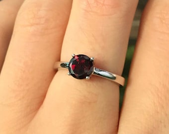 Genuine Garnet Round Small Ring- Stackable Dark Red Garnet Prong Ring- Janauary Birthstone Ring- Red Gemstone Ring- Garnet Silver Ring
