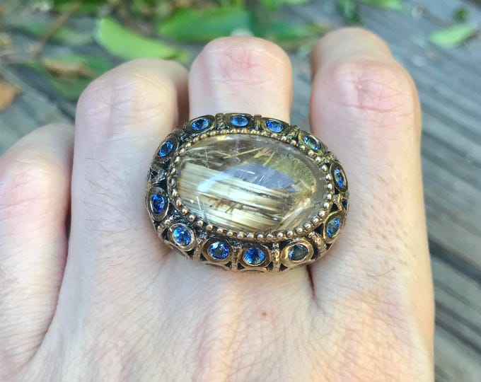 Oval Rutile Statement Ring- Large Stone Art Deco Ring- Bold Filigree Designer Ring- Avant Garde Unique Gemstone Ring- Art Nouveau Ring