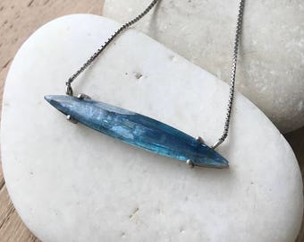 Blue Kyanite Necklace- Kyanite Pendant Bar Marquise Necklace- Ocean Blue Raw Kyanite Natural Sea Green Blue Boho Handmade Kyanite Jewelry