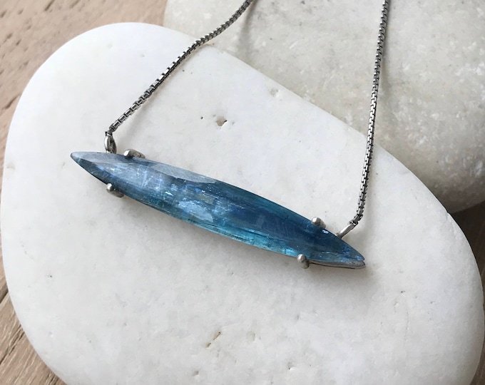 Genuine Large Blue Kyanite Necklace- Kyanite Thin Elongated Oval Marquise Necklace- Natural Statement Necklace-Gift for Wife Girlfriend Her