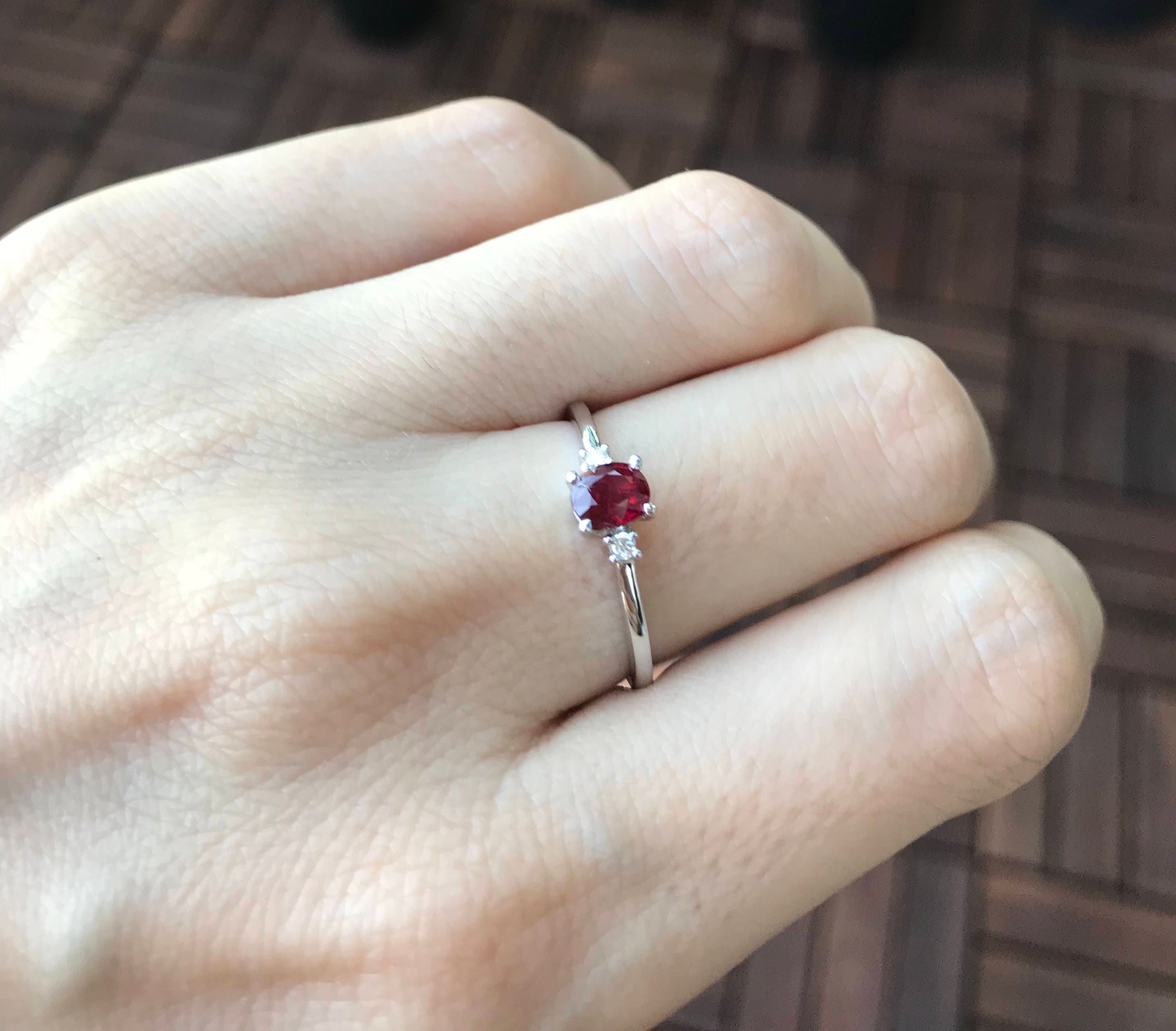 Dainty Genuine Ruby Engagement Ring with Diamonds in 18k Gold Small