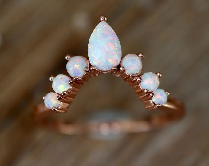 Rainbow Opal Chevron Half Circle 10k 14k 18k Gold Wedding Band- White Opal Contour Band- October Birthstone Nesting Band- V Curved Band