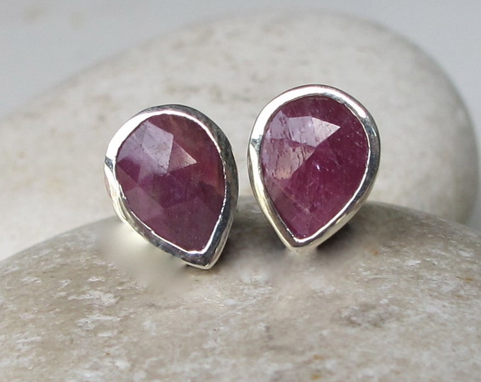 Pear Shaped Ruby Earring- Classic Ruby Stud Earring- Simple Red Earring- July Birthstone Earring- Sterling Silver Earring