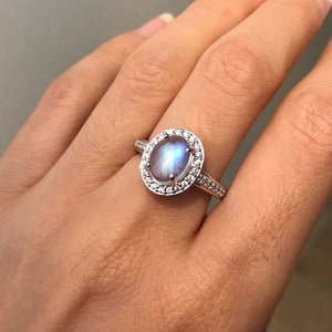 Oval Halo Moonstone Engagement Ring- Rainbow Moonstone Promise Ring- Large Rainbow Solitaire Ring-Anniversary Ring