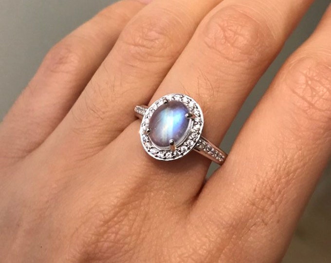 Oval Halo Moonstone Engagement Ring- Rainbow Moonstone Promise Ring- Large Rainbow Solitaire Ring-Anniversary Ring